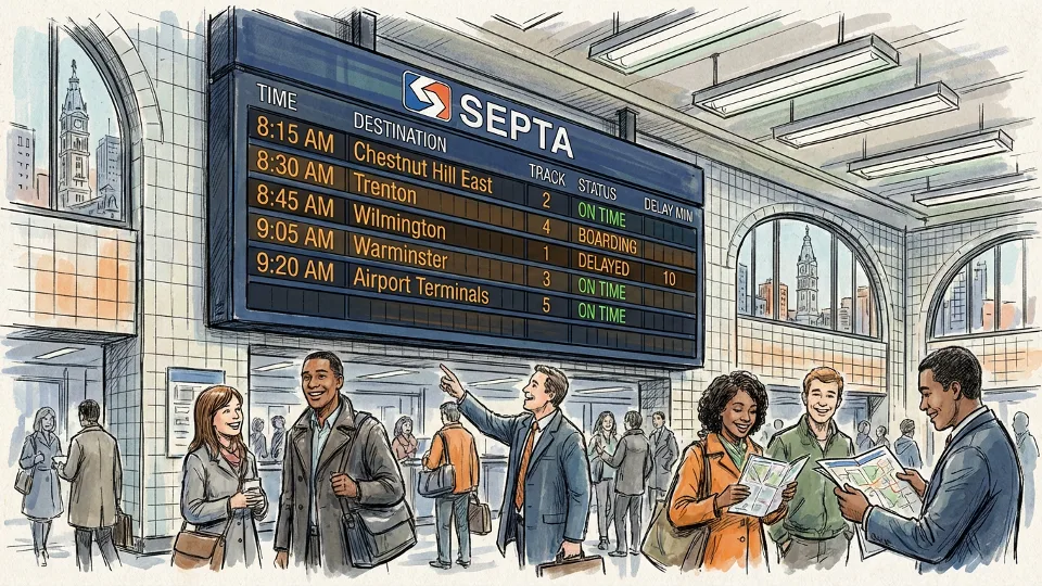 SEPTA regional rail departure board showing train status and delay information at Philadelphia station