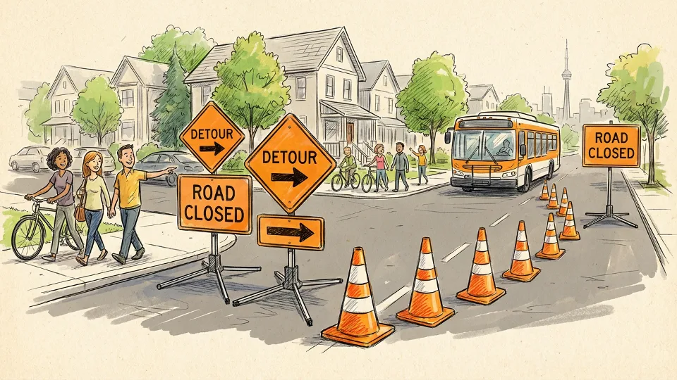 Detour signs and traffic cones directing vehicles around closed road section in residential area