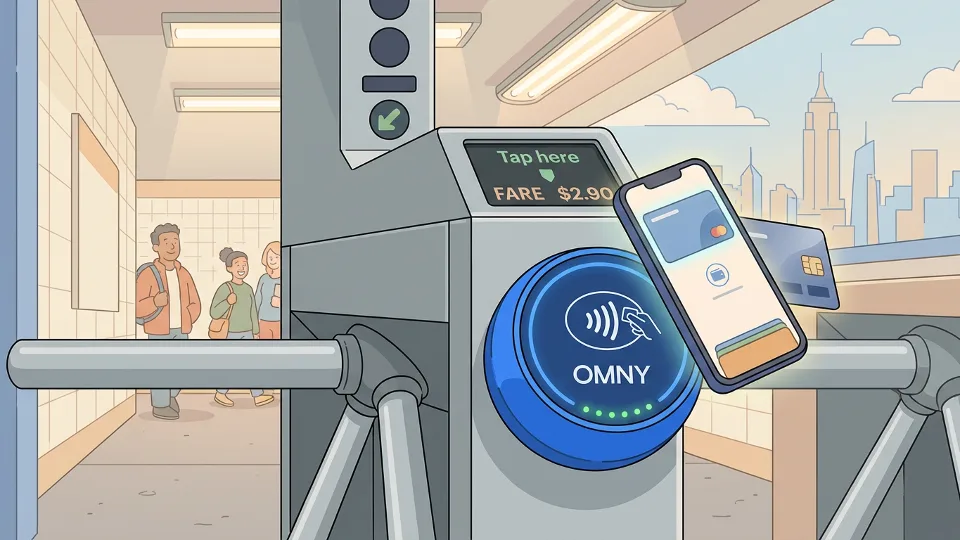 OMNY contactless payment reader mounted on subway turnstile with smartphone and credit card tapping to pay
