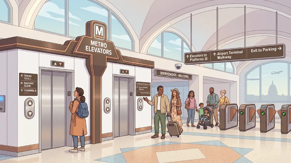 Metro elevator entrance at airport transit station with directional signage