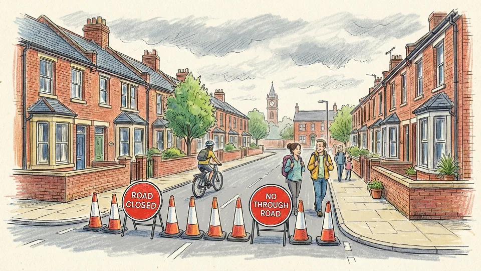 Residential street intersection with road closure signs and traffic cones in British town setting