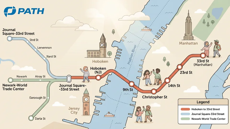 PATH system map showing Hoboken to 33rd Street route highlighted with station stops along the line