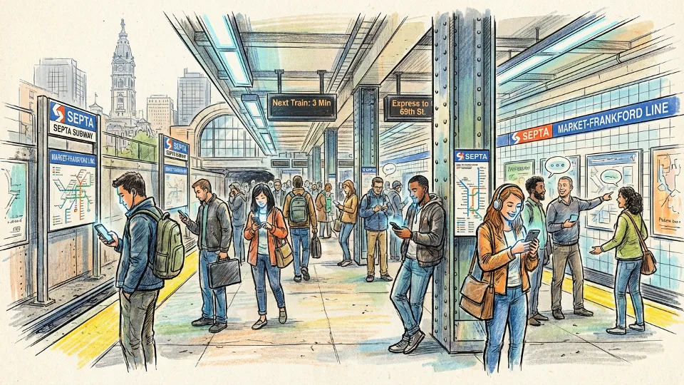 Transit passengers checking mobile phones while waiting on station platform