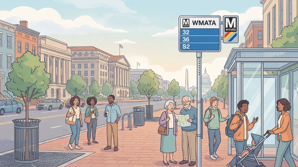 WMATA bus stop sign showing route numbers with downtown DC street scene