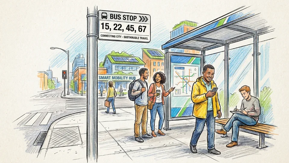 Bus stop sign showing multiple route numbers at urban transit station with passengers waiting