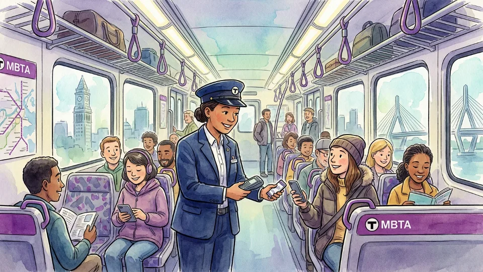 MBTA conductor checking tickets inside commuter rail car