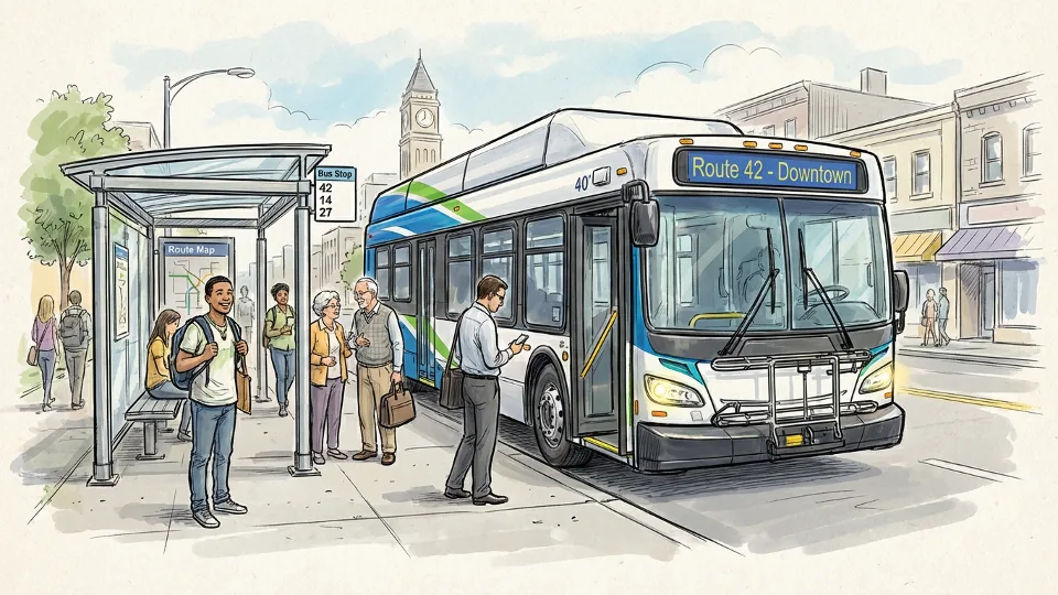 Transit bus at covered bus stop with passengers waiting