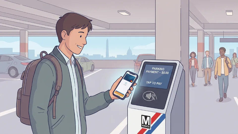 Commuter using contactless payment with smartphone at Metro parking garage payment terminal