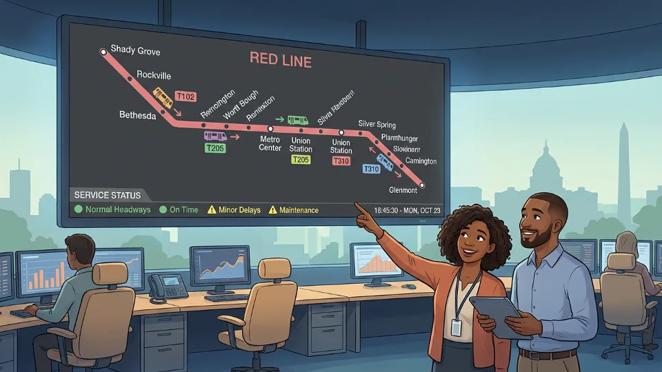 Metro control center display showing Red Line service status and train positions