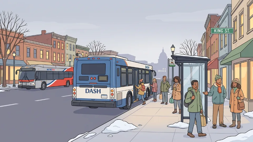 DASH bus at cleared bus stop with Metro transit vehicle in background, urban winter scene