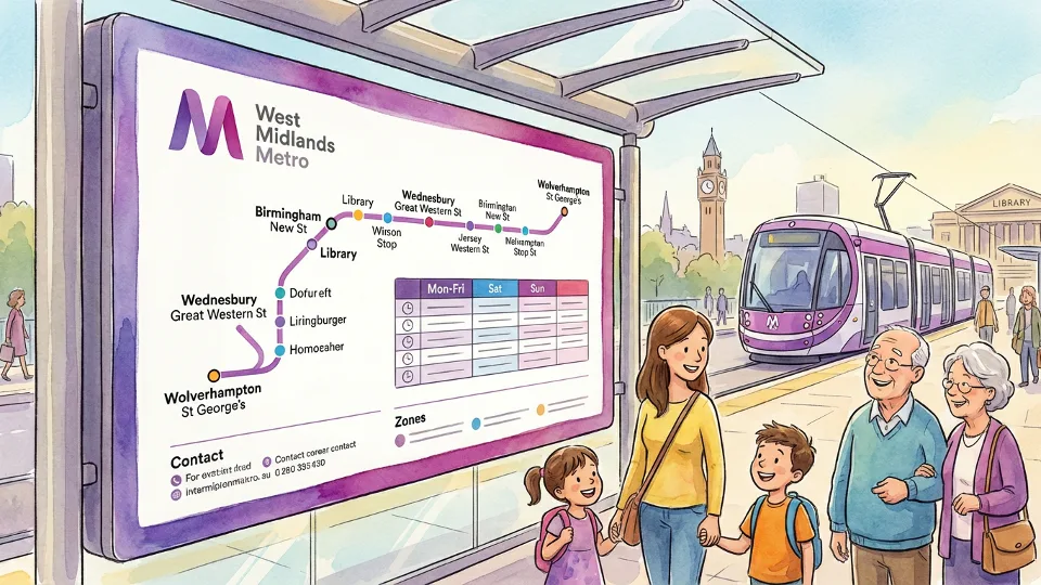 West Midlands Metro information display showing route map and timetable