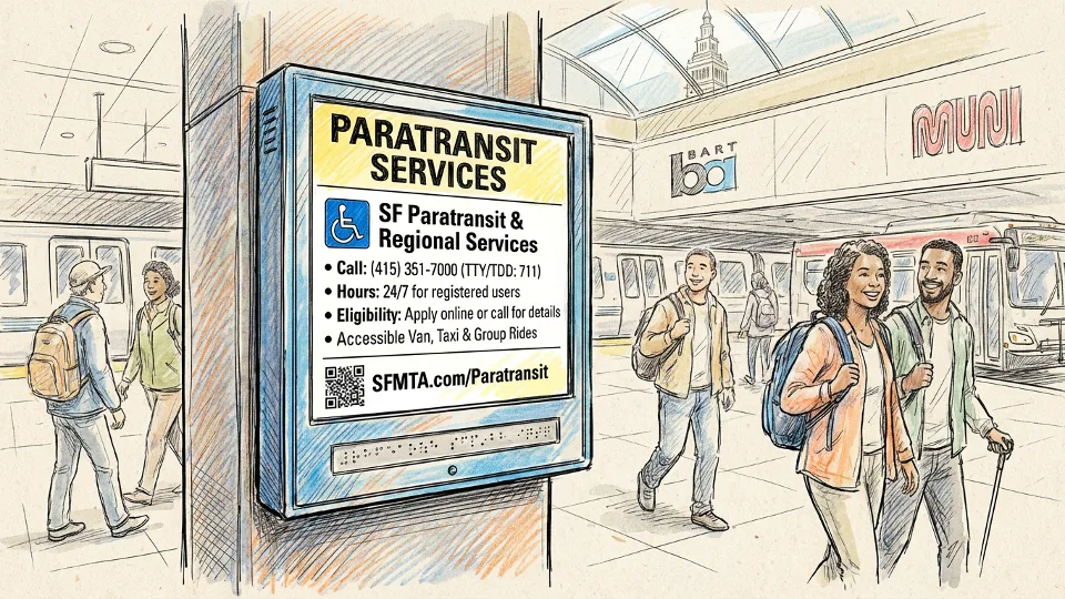 Accessible transit information display showing paratransit service details and contact information