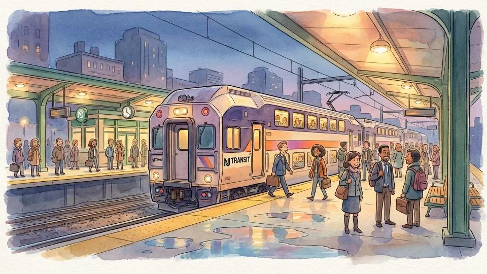 NJ Transit commuter train at station platform with passengers waiting during evening rush hour. Alt text: NJ Transit rail service commuters at station platform New Jersey New York. Composition: Wide shot showing train at platform with commuters, emphasizing normal service operations and passenger activity.