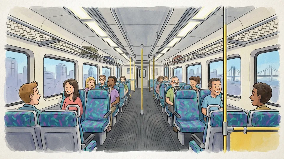 NJ Transit train interior with empty seats and overhead luggage racks during normal service operations. Alt text: NJ Transit rail car interior commuter seating New Jersey transit. Composition: Interior view showing passenger seating area, emphasizing return to normal service conditions.