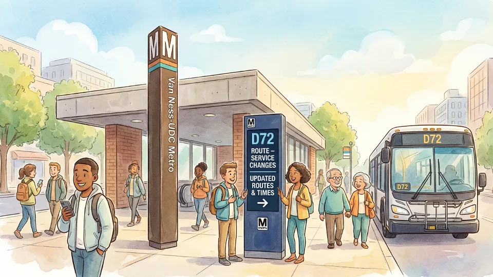 Metro station entrance with new bus stop signage showing D72 route information. Alt text: Van Ness Metro station with D72 bus stop sign in Washington DC area. Composition: Front view of station entrance with prominent route signage, showing wayfinding for riders adapting to service change.
