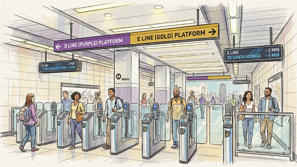 Interior view of 7th Street/Metro Center station showing directional signage for D Line and E Line platforms, with fare gates and passenger wayfinding displays