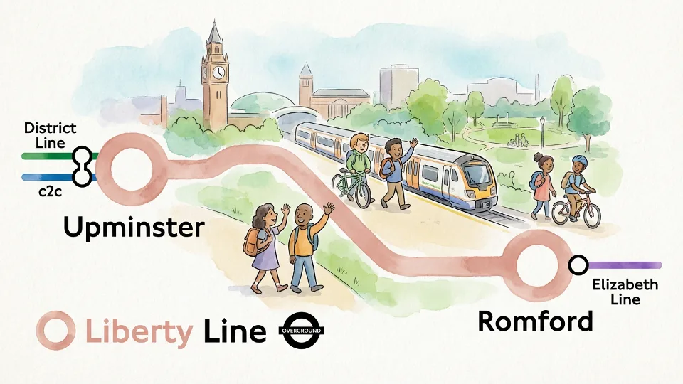 London Overground Liberty Line route map showing Upminster Romford stations