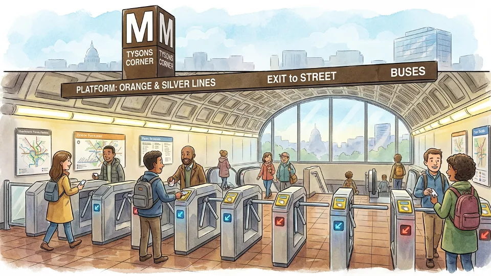 Metro station entrance with fare gates and signage in Virginia