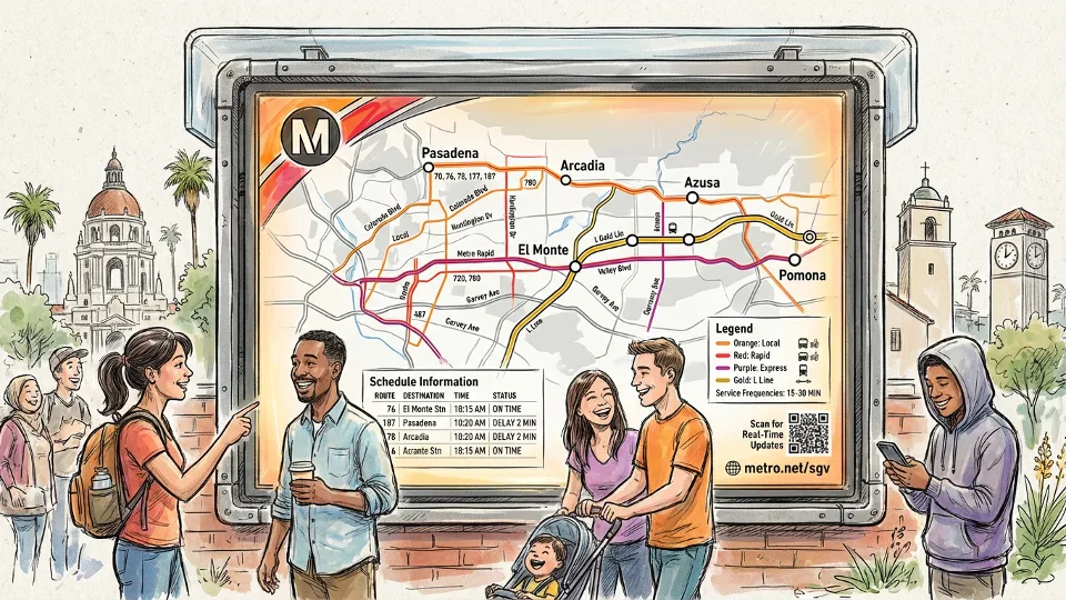 Metro bus route map display showing San Gabriel Valley connections and schedule information