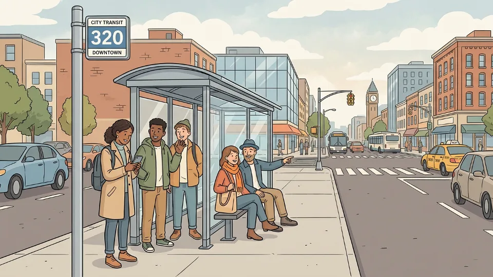 Bus stop sign showing route 320 with passengers waiting, urban street setting with traffic in background