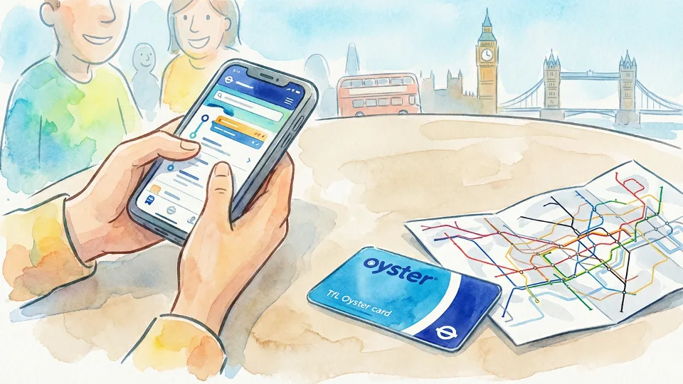 Close-up of customer using mobile phone with TfL Oyster card and London transport map visible on table