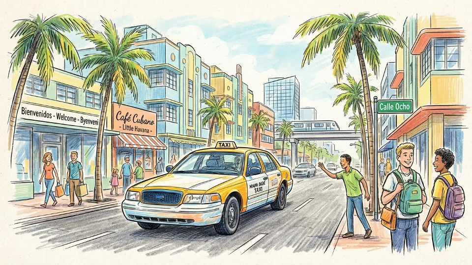 Taxicab at Miami-Dade County street with multilingual signage in background