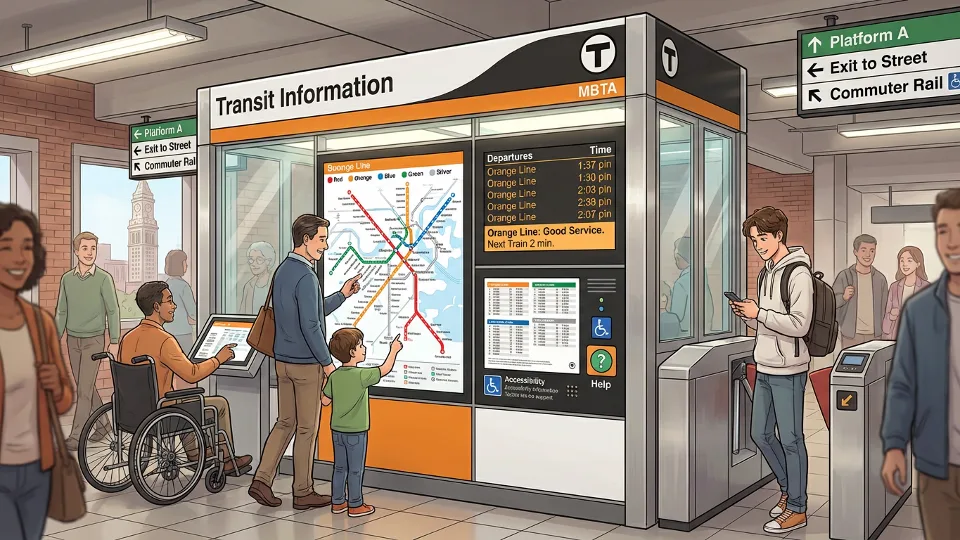 Transit information kiosk with route maps and schedule displays at Boston station, showing wayfinding signage and passenger assistance resources
