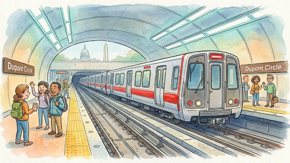 Red Line train at Dupont Circle station platform with visible track infrastructure