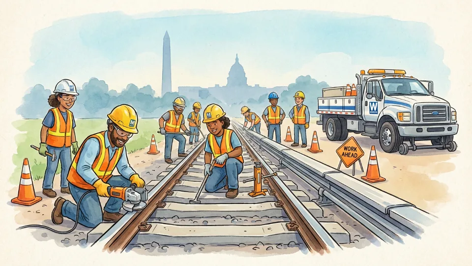 Metro track maintenance crew working on rail infrastructure with equipment and safety gear