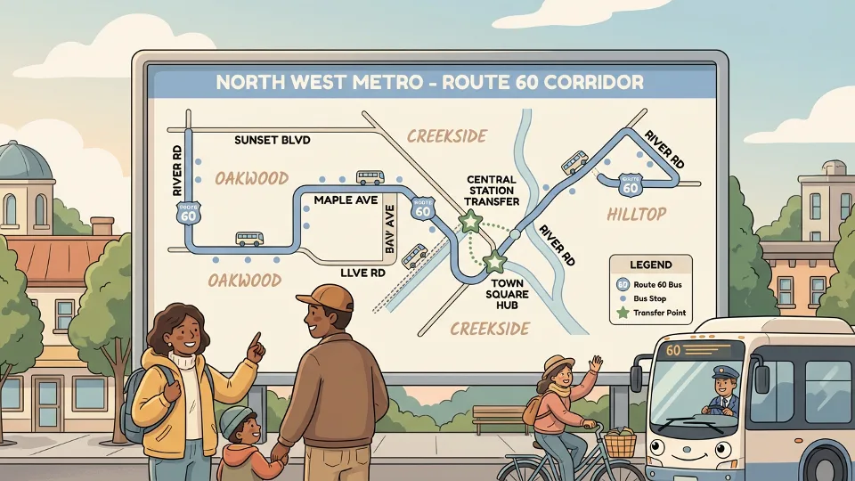 Bus route map display showing Route 60 corridor in North West metro area