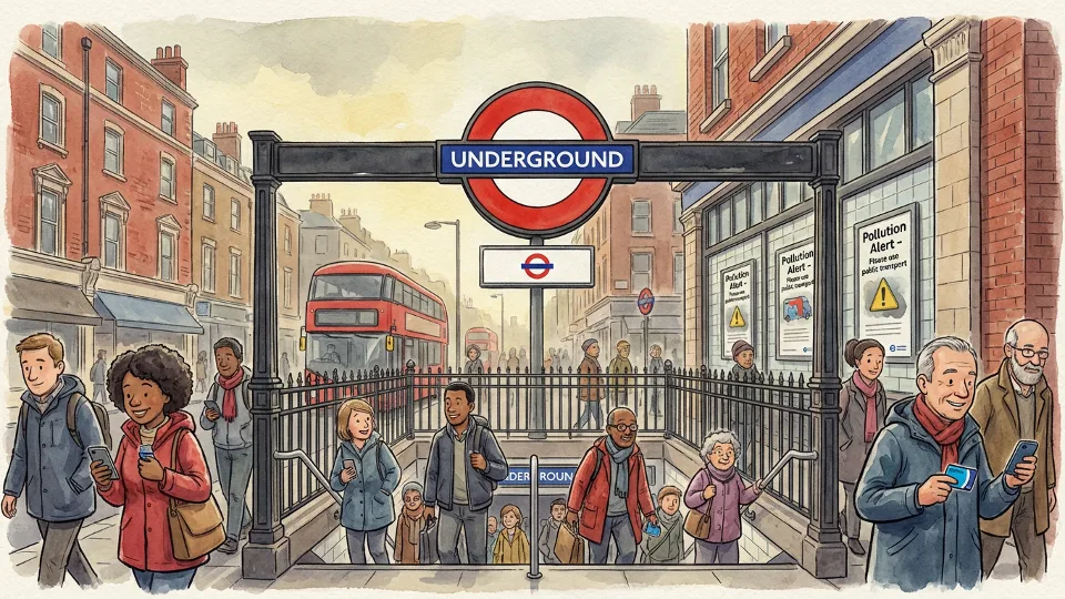 London Underground tube station entrance with commuters entering, showing public transit as alternative to driving during pollution alert