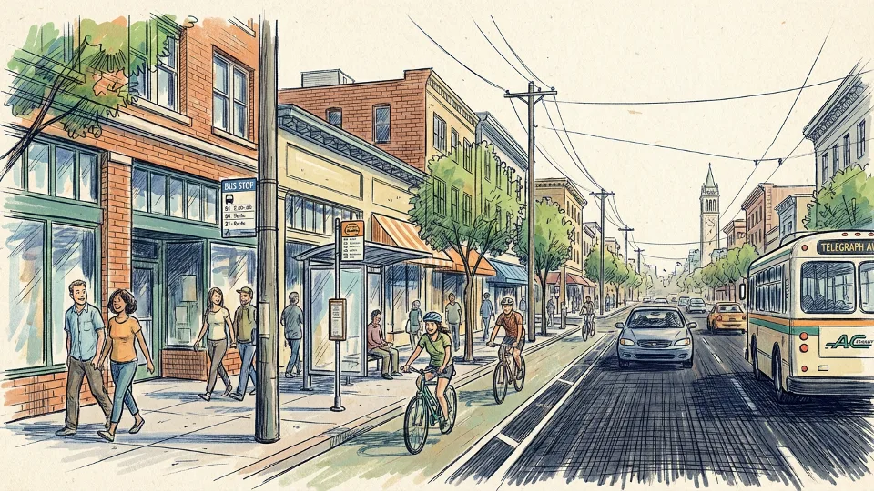 Telegraph Avenue street scene with bus stop and urban buildings