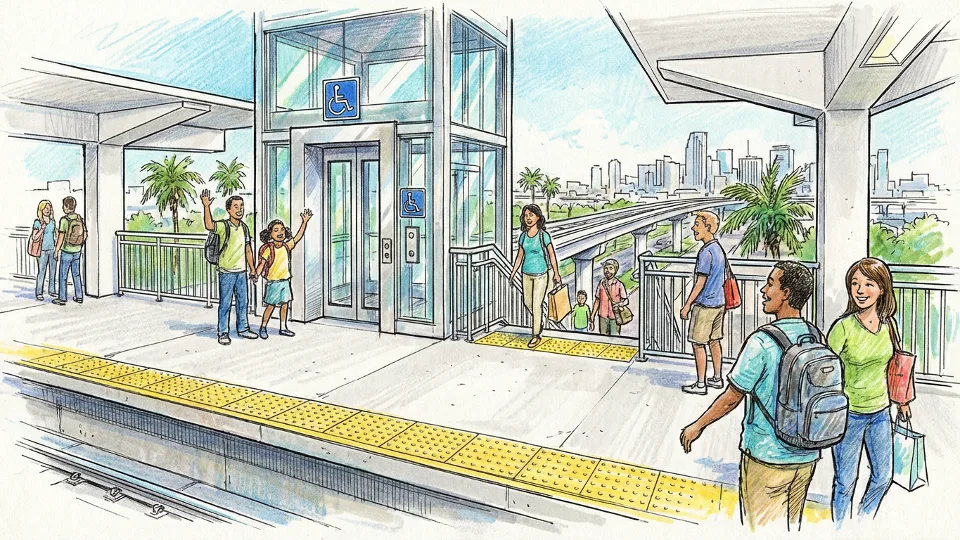 Miami-Dade Metrorail station showing accessible elevator and tactile platform tiles
