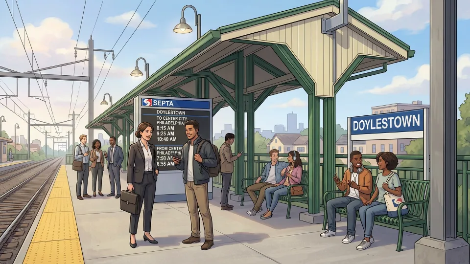 SEPTA Doylestown station platform with schedule board and waiting passengers