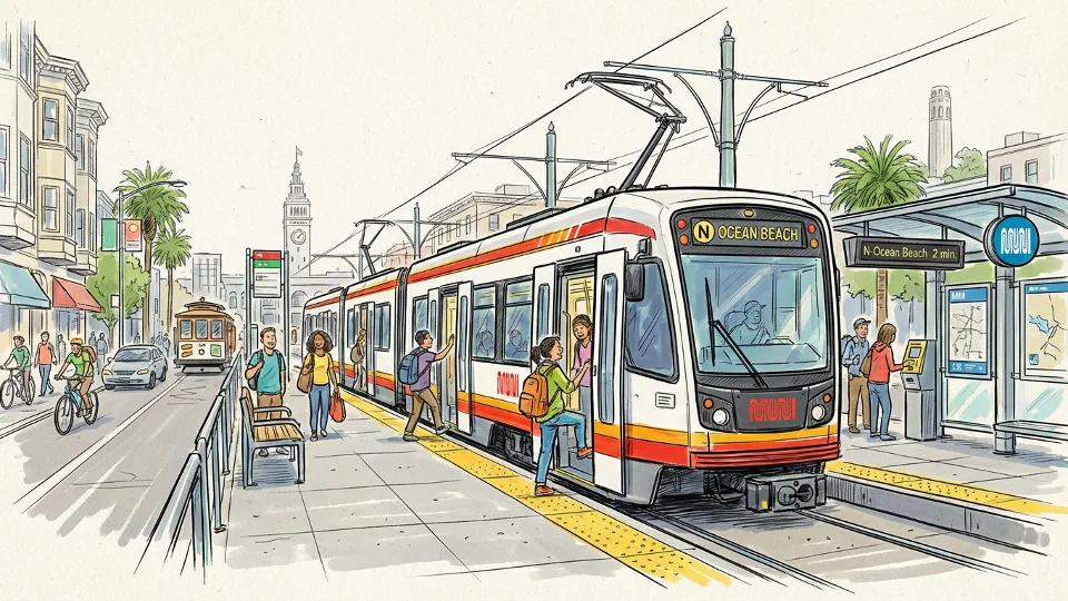 San Francisco Muni Metro light rail train at street-level station platform