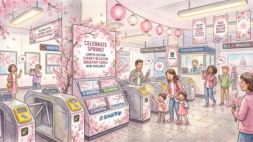 Cherry blossom themed SmarTrip card display at Metro station fare gate with spring decorations