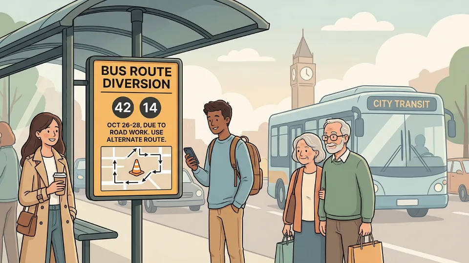 Bus route diversion sign at transit stop showing alternate routing information