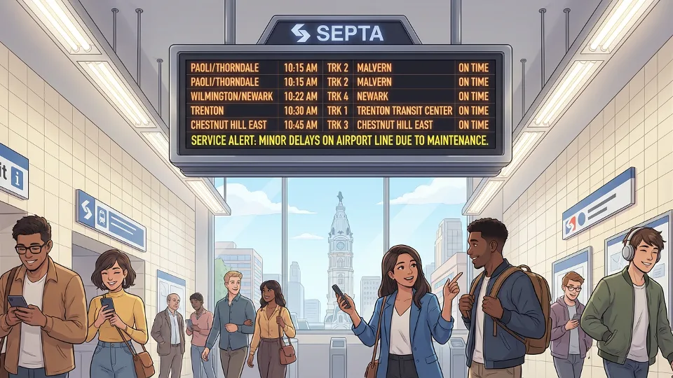 Digital departure board at SEPTA station showing train schedule and delay information