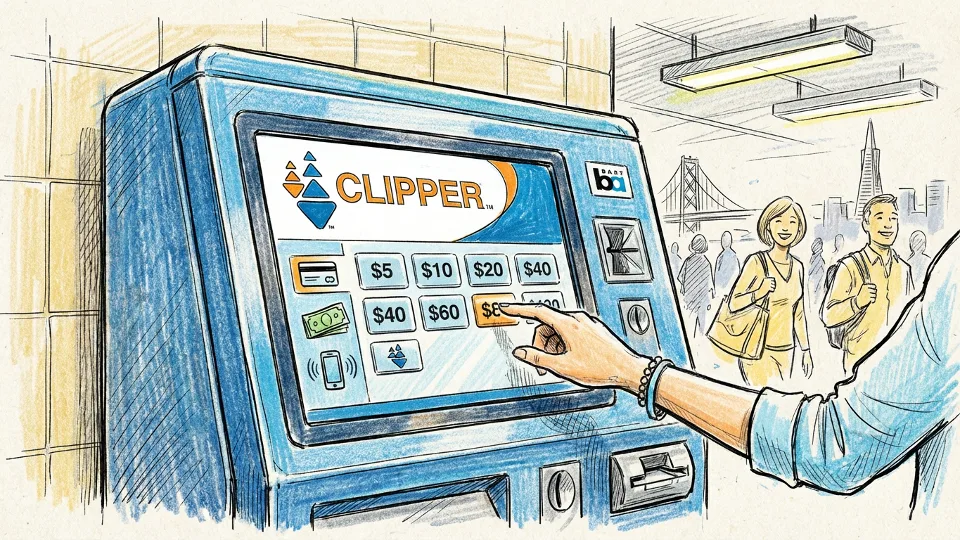 Bay Area commuter using ticket vending machine at BART station, close-up of TVM screen showing Clipper card reload interface with payment options visible