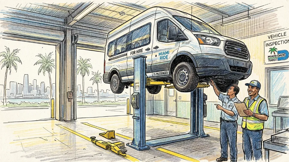 For-hire passenger van undergoing vehicle safety inspection at Miami-Dade transit facility