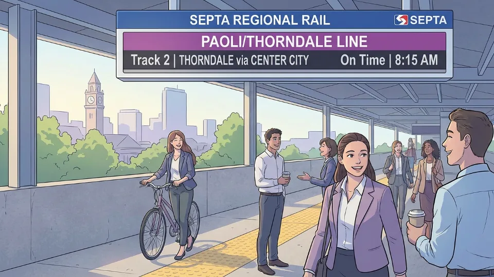 SEPTA regional rail platform sign showing Paoli/Thorndale Line route information with track and schedule display