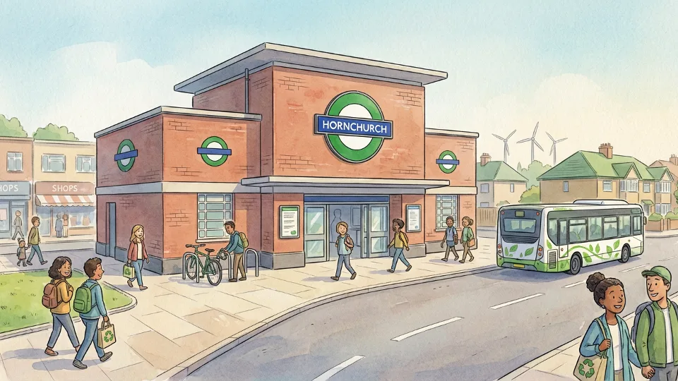 Hornchurch Underground station entrance with distinctive District line roundel signage, showing station building facade and passenger access points