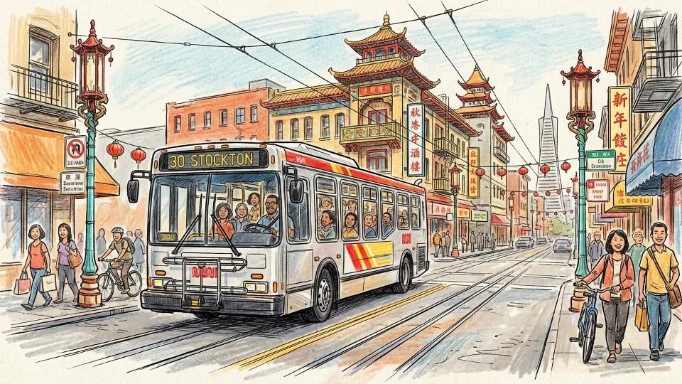 San Francisco Muni bus on city street with Chinatown neighborhood in background