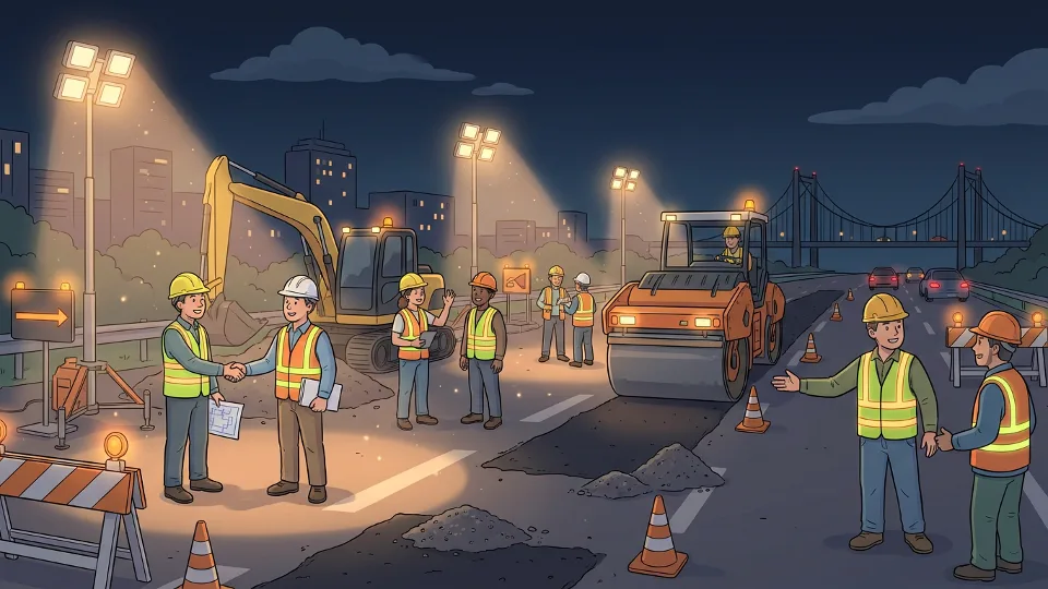 Nighttime road work scene with illuminated construction equipment and workers in reflective vests