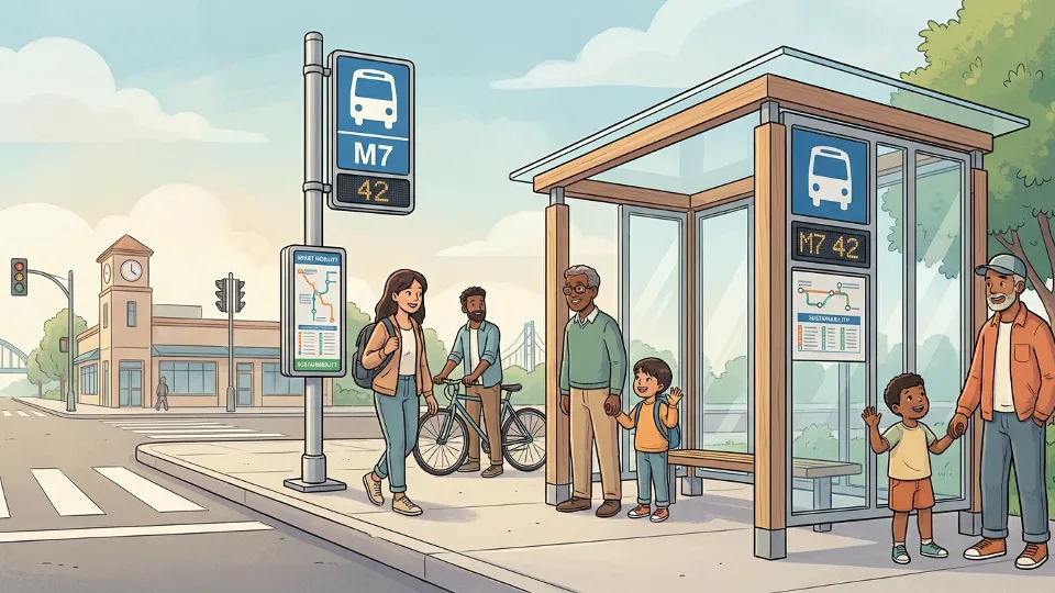Bus stop sign with route number display at urban transit station