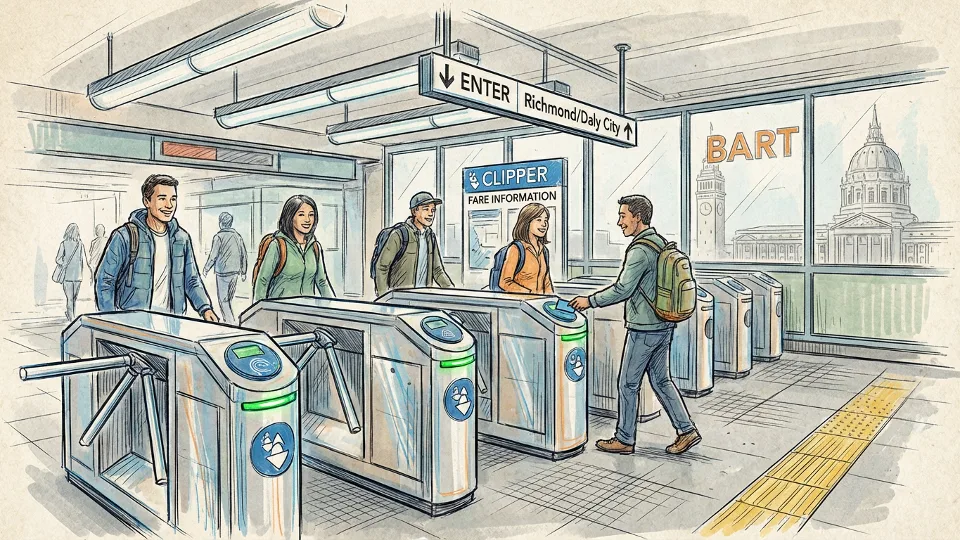 Transit fare card reader at Bay Area transit station entrance with signage