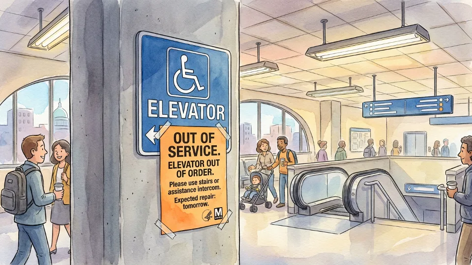 Elevator access sign at commuter rail station with out of service notice posted