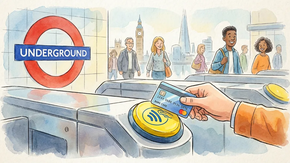Contactless payment card being tapped on yellow card reader at London Underground station entrance, with TfL roundel logo visible in background