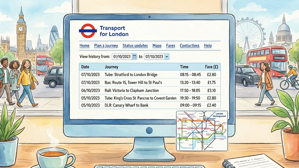 Computer screen displaying TfL contactless journey history webpage with list of recent trips and fares, showing London transport map in corner