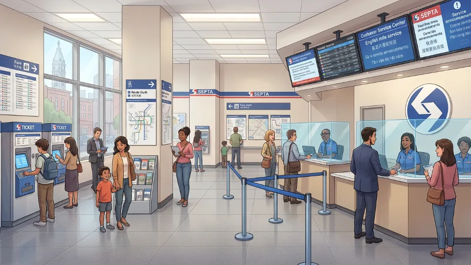 SEPTA customer service center interior with multilingual signage